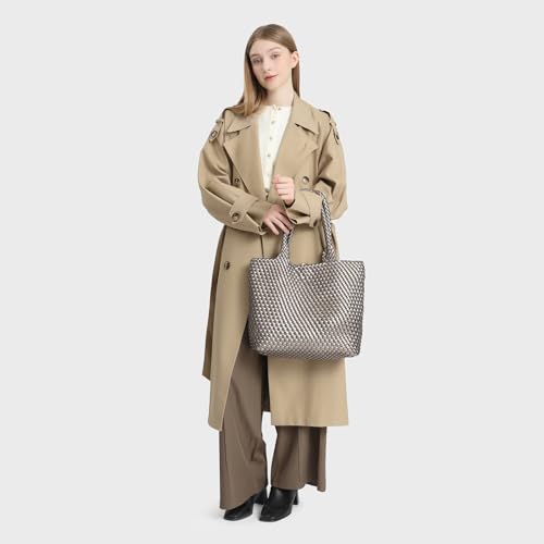 Woven Tote Bag for women,Vegan Leather Woven Satchel Handbag,Shoulder bag with Pouch,Hobo bag fits13-14” laptops - color: Sliver Grey