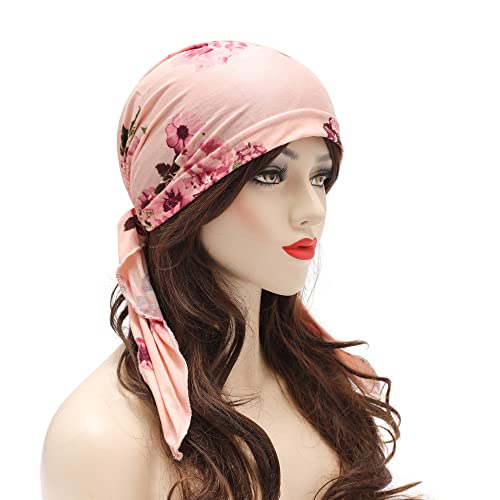 ZLYC Chemo Headwear Pre Tied Head Scarf Headwraps Lightweight Turban Beanie Cap for Women - color: Floral Light Pink