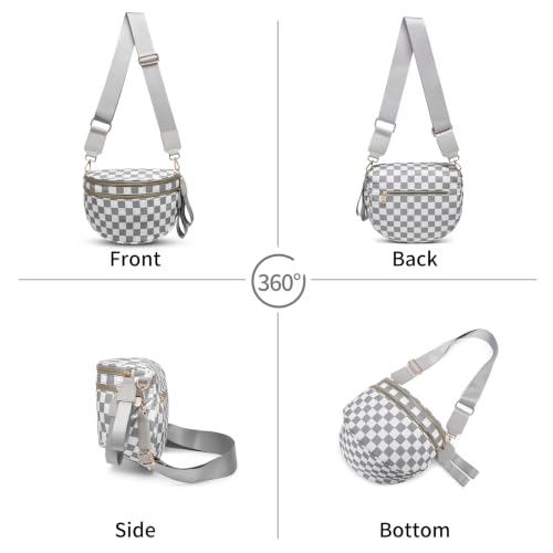 Checkered Crossbody Bag for Women Bum Bag Spacious Nylon Fanny Packs Cross Body Shoulder Purses Bag Handbags - color: Light Gray Checkered