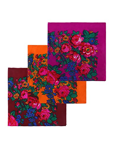 MJ SERECA Acrylic Bandana Printed Hair Scarf Square Ukrainian Head Scarf Floral Babushka Neck Scarf for Women 30"/42"/60" - color: 3 Pack-f 30"