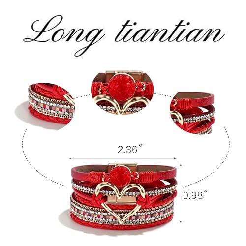 Long tiantian Leather Bracelets for Women Warp Bracelet Stackable Boho Layered Bracelet Chunky Heart Trendy Birthday Gifts for Her - color: A9:Western Bracelets for Women(Red)