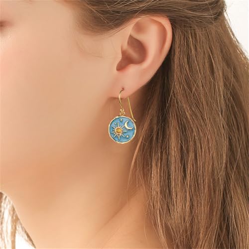 Dreuyet Vintage Sun Moon Earrings and Necklace Set for Women Boho Antiqued Crytal Sun Moon Dangle Drop Earrings Necklace Unique Handmade Retro Round Coin Celestial Jewelry Gifts - color: Gold Blue