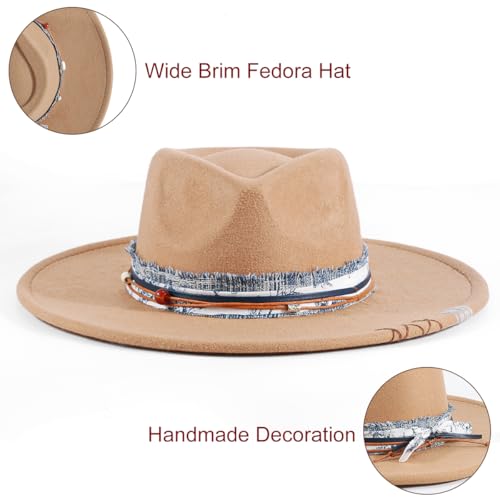 Womens Boho Fedora Hat Wide Brim Fedora Mens Handmade Flat Brim Hats - color: Khaik