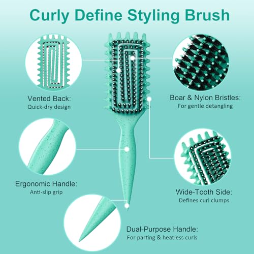 Curly Hair Brush, Curl Defining Brush with Soft Boar Bristles Detangling Tangled Glides, Wide-Teeth Design Effortlessly Shaping & Defining Curls (Pink Green) - color: Pink Green