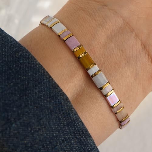 Tila Flat Beaded Stretch Bracelet for Women,Bohemian Friendship Bead Bracelets Handmade Stack Boho Jewelry Accessory for Everyday Wear, Vacation and Friend Gifts - color: pink