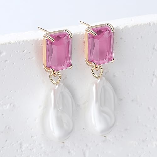 Fashion Pearl Drop Earrings for Women With Crystal - Rhinestone Statement Earrings with Pearl Dangling Studs - Large White Baroque Pearl Earrings for Bridesmaid Wedding Party Birthday Holiday - color: Pink