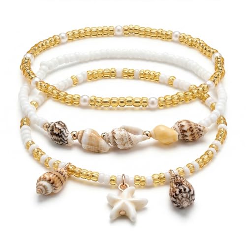Boho Beads Beach Layered Anklet Set for Women, Handmade Gold Starfish Pearl Shell Anklets Summer Ocean Accessories Jewelry Gift - color: Conch