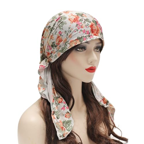 ZLYC Chemo Headwear Pre Tied Head Scarf Headwraps Lightweight Turban Beanie Cap for Women - color: Flower White