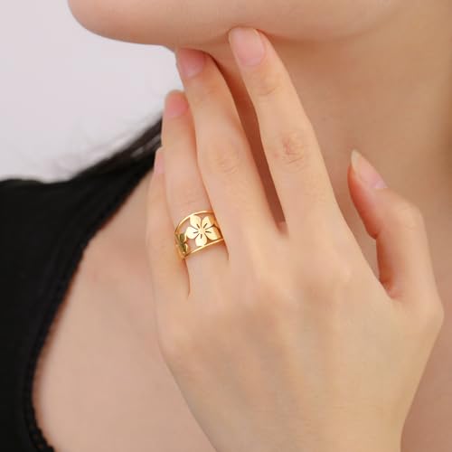 TEAMER Bohemian Hollow Flower Ring Stainless Steel Rhinestone Flower Ring Wedding Band Ring Exquisite Jewelry for Women - color: Gold