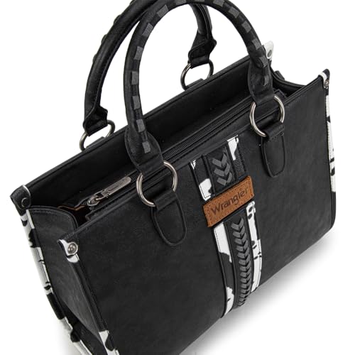 Montana West Wrangler Animal Print Tote Bag for Women Western Purse Boho Top Handle Satchel Handbag - color: Cow Black