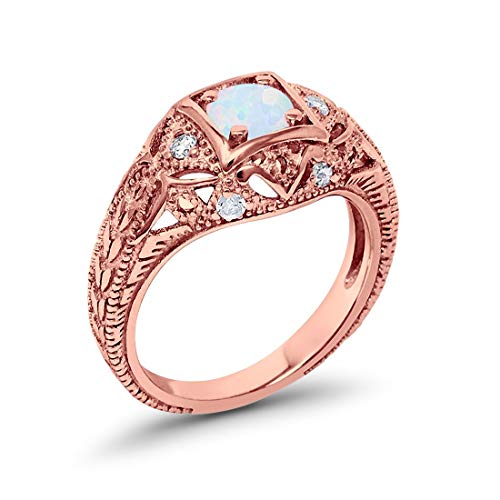 Blue Apple Co. Art Deco Ring Round Cubic Zirconia Leaf Filigree Design Split Shank Twisted Band Bridal Statement Wedding Engagement Rings For Women 925 Sterling Silver Gifts For Her - color: Rose Tone, Lab White Opal