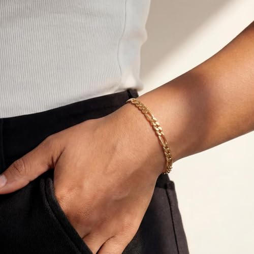 7mm Diamond-Cut Figaro Bracelet 14K Gold Link Bracelets Simple Trendy Non-tarnish Waterproof Gold Bracelets for Women and Men Fashion Accessories Jewelry Gift Unisex Lifetime Quality - color: 7mm Figaro Bracelet-7.5