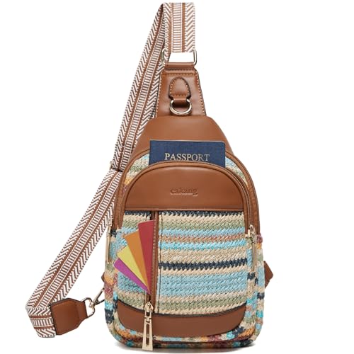 cakang Womens Sling Bag Crossbody Bags for Women Vegan Leather Sling Backpack Daypack Fanny Pack Crossbody Purse Travel - color: 8-rainbow Weaving-brown