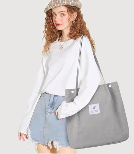 Corduroy Tote Bag for Women Small Canvas Shoulder Purse Cord Handy Bag with Inner Pocket | with Front Pocket - color: 02 Light Gray