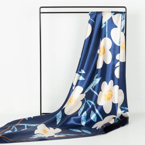 RIIQIICHY Head Scarf for Women Like Silk Scarf Hair Scarf Printed Square Scarf Bandanas for Women 35 Inches - color: Dark Blue/Ivory/Gold