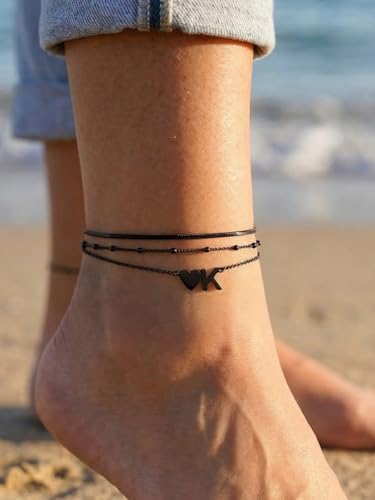 Silvora Ankle Bracelets for Women Waterproof 14K Gold/Silver/Black Initial Anklet for Women Dainty Layered Heart Ankle Bracelets Stainless Steel Adjustable Foot Chain Anklet Summer Beach Jewelry - color: Black-Stainless Steel, size: 26.Z