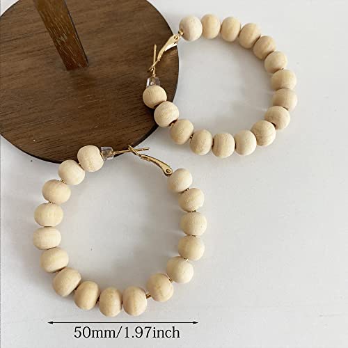 Handmade Nature Wooden Beaded Hoop Earrings Bohemian Minimalist Colorful Circle Round Wood Bead Earrings Vintage Chic Wooden Ethnic Dangle Drop Earrings for Women Statement Jewelry Gifts - color: Wood color