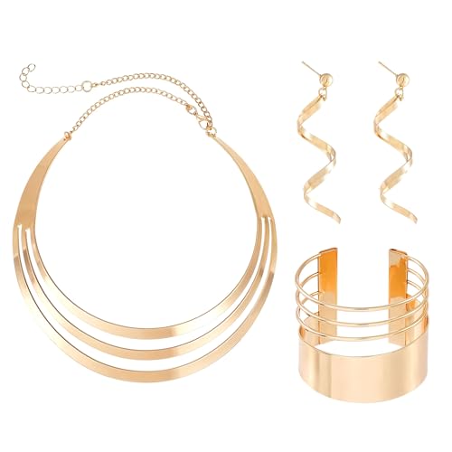 African Choker Necklace Bracelet Earrings Set for Women Dainty Chunky Gold Hoop Choker Necklace Wide Cuff Bangle Bracelets Exaggerated Ethnic Statement Jewelry Set for Women - style: AA