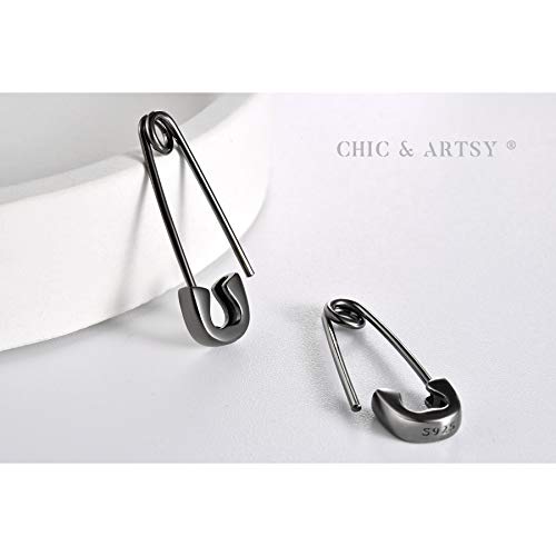 CHIC & ARTSY 925 Sterling Silver Safety Pin Earrings - Lightweight Comfortable Punk Paperclip Cartilage Hoop Earrings, Trendy Industrial Style Jewellery for Women and Men - color: Black-Small