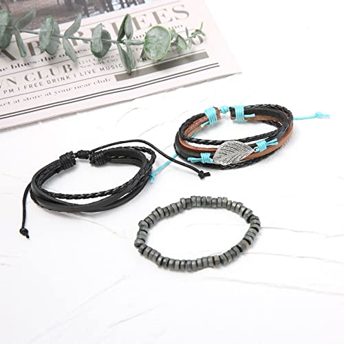 HZMAN Wrap Bracelets Men Women, Hemp Cords Wood Beads Ethnic Tribal Bracelets, Leather Wristbands - style: Leaves