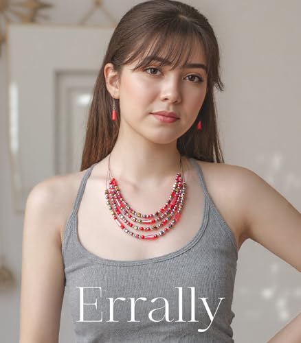 Errally Layered Beaded Statement Necklace Multi Strand Crystal Beads Collar Necklace and Earring Sets for Women Fashion Costume Jewelry Set Gifts for Her - color: Red