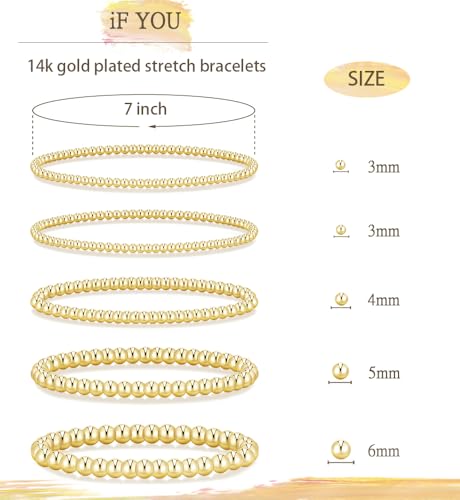 Gold Beaded Bracelets for Women, 14K Real Gold Plated Jewelry for Women Dainty Pearl Bead Bracelets Stack, Non Tarnish Trendy Stackable Ball Cross Stretch Bracelet Set Fashion Accessories Gifts - color: Gold stretch bead