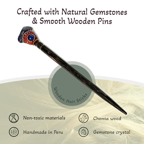 Mia Jewel Shop - Natural Tumbled Healing Gemstone Crystal Chonta Wooden Hair Sticks – Handmade Hair Sticks for Women | Hair Pins Boho Reiki Accessories, Fashion Gifts (Blue Sodalite) - color: Blue Sodalite