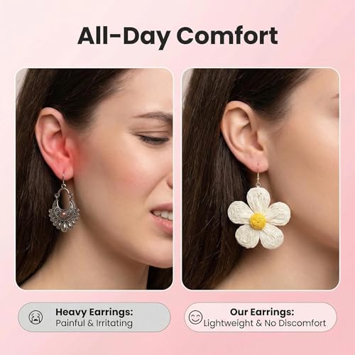 Woven Raffia Rattan Earrings for Women, Boho Flower Hoop & Drop Dangle Earrings Collection, Handmade Summer Beach Vacation Statement Earrings for Party Daily Wear - color: Multi-Layer Daisy Stud