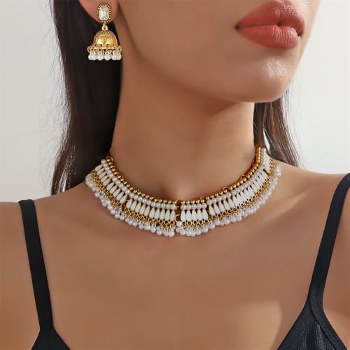 Bohemian Jhumka Earring Necklace Set for Women Bride Wedding Bollywood Crystal Pearl Beaded Antique Gold-Tone Indian Bell Jhumki Dangle Earrings Choker Necklace Ethnic Festive Party Wear Jewelry - color: White