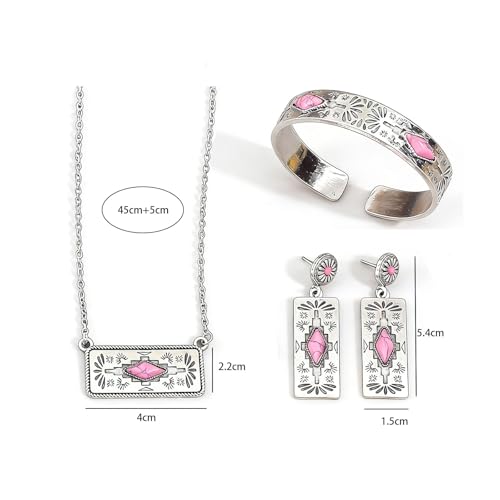 3 Piece Western Boho Pink Stone Jewelry Set for Women Silver Geometric Pendant Necklace Cuff Bracelet and Drop Earrings Bohemian Southwestern Fashion Accessories for Party Festival Everyday Wear Gift for Her