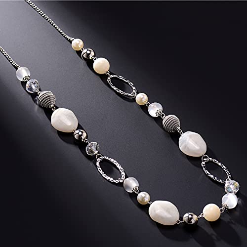 BULINLIN Beaded Long Necklace for Women Silver Sweater Chain Necklace with Crystal Resin Beads, Fashion Jewelry Necklace - color: White