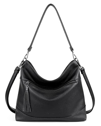 MASINTOR Hobo Crossbody Bags for Women, 2 in 1 Convertible Leather Crossbody Purse Handbags Shoulder Bags with Tassel - color: Black