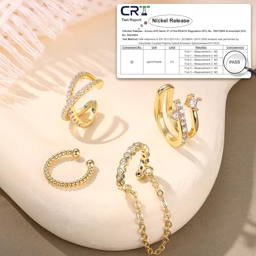 Florideco 4 PCS Ear Cuffs Non Piercing Hypoallergenic 14K Gold Plated Ear Cuff Earrings for Women Trendy CZ Clip On Cartilage Earring Set Dainty Adjustable Fake Piercings Earrings - color: Cross CZ: 14K Gold Plated