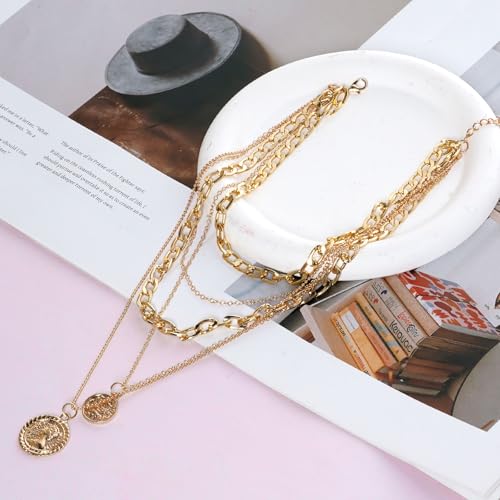 Gold Layered Necklace for Women Chunky Choker Coin Pendant Necklace Pirate Gold Jewelry Necklace 80s 90s