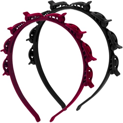 2 Pcs Headband with Clips, 90s Butterfly Hair Clips Headband with Teeth for Women, Flocking Braided Weave Bangs Non-Slip Clip Headbands Accessories for DIY Styling Decoration- Black, Wine Red - color: 1 pcs black, 1 pcs wine red(flocking)