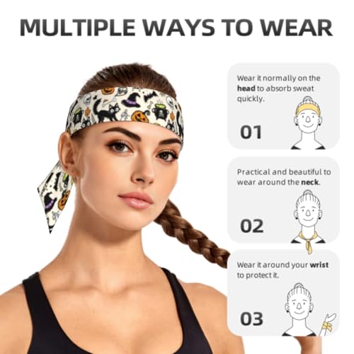 Sports Tie Headband Bandana Running Athletic Sweat Band Elastic Adjustable Sport Head Tie for Men Women Head Ties Ninja Tie Headbands Tennis Sweatbands Soccer Basketball Teams Running Head Band - color: Spooky cat