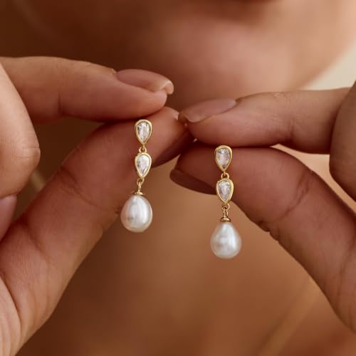 Pearl Earrings for Women, 14k Gold Plated Trendy Diamond Pearl Drop Earrings Hypoallergenic Dainty Bridal Gifts Wedding jewelry for Women - color: E- Gold