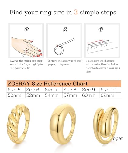 ZOERAY Chunky Gold Rings for Women Non Tarnish Trendy 14k Gold Plated Adjustable Signet Band Stackable Thumb Ring Set Open Twist Dome Statement Stacking Rings Jewelry Gifts for Women Size 5-10 - color: B.Croissant Chunky Rings