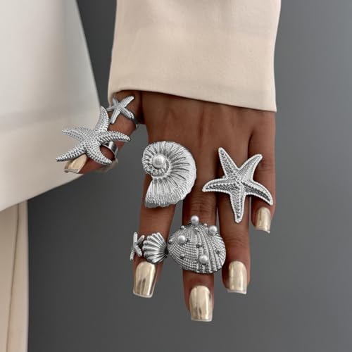 MIFYNN Chunky Gold Starfish Seashel Ring for Women Dainty Conch Pearl Ring Set Boho Ocean Stackable Rings Fashion Adjustable Beach Statement Rings Set Summer Charm Jewelry for Women - color: Silver-6Pcs