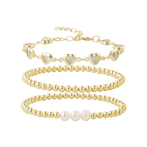 Dainty Gold Plated Pearl Crystal Beaded Bracelets Set for Women 14K Gold Plated Bead Pearl Beads Bracelet Stackable Paperclip Link Chain Bracelets Gold Plated Bracelets for Women Trendy Jewelry - color: Style8-gold beaded heart set
