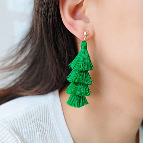 BaubleStar Tassel Earrings Handmade Tiered Thread Tassel Dangle Earrings, Multi Colors - color: Forest Green