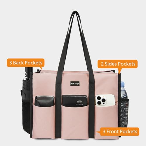 TOPDesign Utility Water Resistant Tote Bag with 13 Pockets, Top Zipper Closure & Thick Bottom Support, for Working Women - color: Pink, size: Large