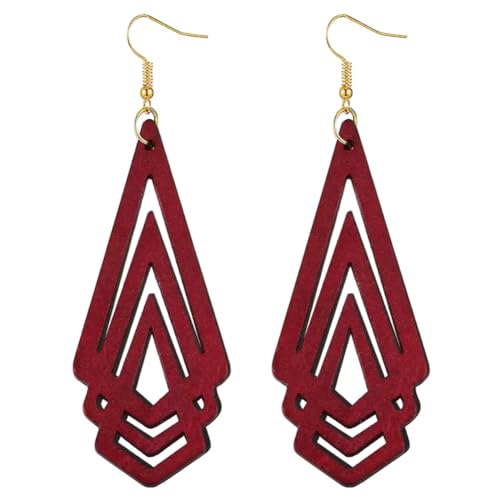 Handmade Wood Triangle Rhombus Hollow Geometric Dangle Drop Earrings Unique Presonalized Retro Gold Hook Earrings For Women - style: wine red