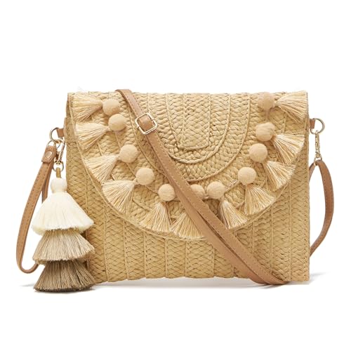 Small Straw Purse for Women Summer Clutch Purses Beach Woven Envelope Bag Raffia Shoulder,Straw Crossbody Bag boho - color: Bobbles Brown