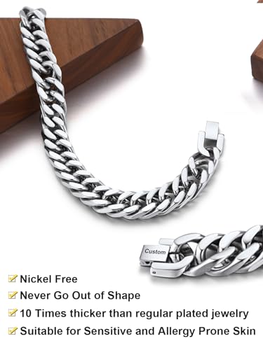 ChainsHouse Stainless Steel Cuban Link Bracelet, 8mm/12mm/17mm Width, 7.5"/8.3"/9", 18K Gold Plated Chain Wrist Bracelets for Men Women, Send Gift Box - color: P: Steel-8mm width-custom