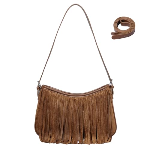 Fringe Shoulder Bag for Women Underarm Suede Western Hobo Purses and Handbags Trendy Crossbody Purse with Tassel - color: Brown