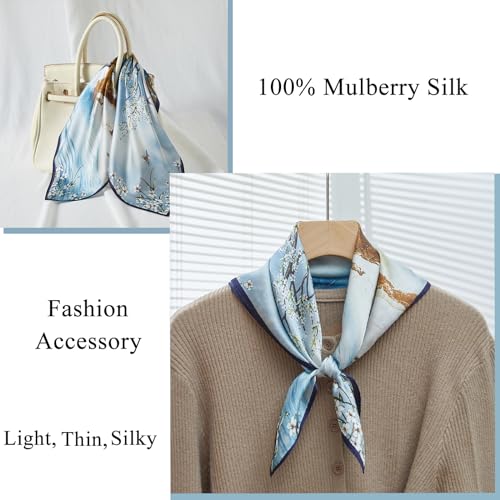 100% Mulberry Silk Neck Scarf 21''x21'' Small Square Hair Scarf for Women Men Lightweight Bandana Envelope Package - color: Oil Painting- Blue