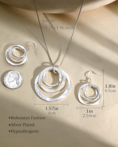 Hypoallergenic Silver Circle & Dangle Earrings and Necklace Set for Women Geometric Boho Style Hoop Jewelry for Women-Lightweight & Dangling-Gift for Bohemian Fashionistas - color: Silver