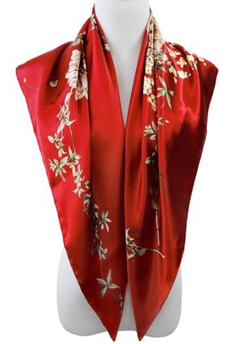 vabovin Satin Head Scarf for Women Silk Like Hair Scarf, 35 x 35 in | Silk Feel Fabric, Hair Wrap for Sleeping, Headscarf and Neck Scarf, Square Bandana Style, Fashion Accessory - color: 039 Red Peony