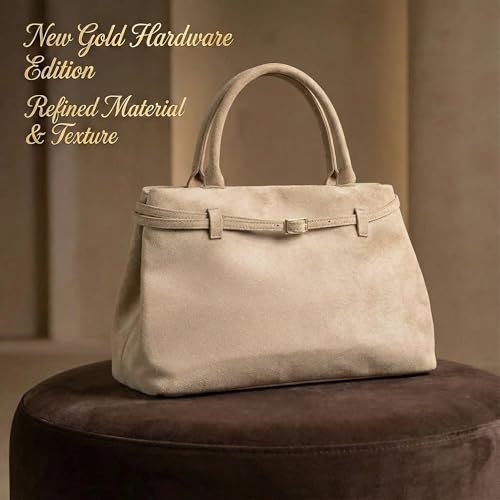 Base’ic Women’s Suede Tote Bag with Gold Hardware – Trendy Slouchy Shoulder Hobo Satchel Handbag Work Purse Travel Gift - color: Beige (Gold Hardware)
